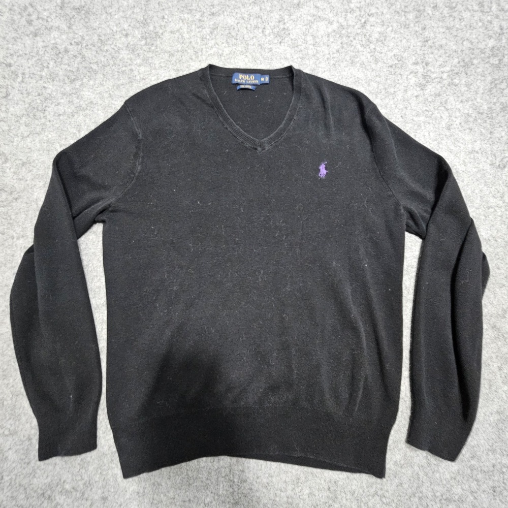 Polo Ralph Lauren Sweater‎ Men's Medium V Neck 100% Pima Cotton Pullover Black